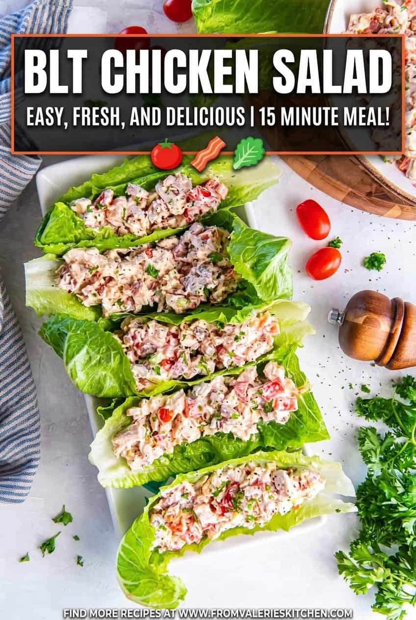 BLT chicken salad served in romaine lettuce wraps on a platter, garnished with fresh parsley and black pepper with text overlay.