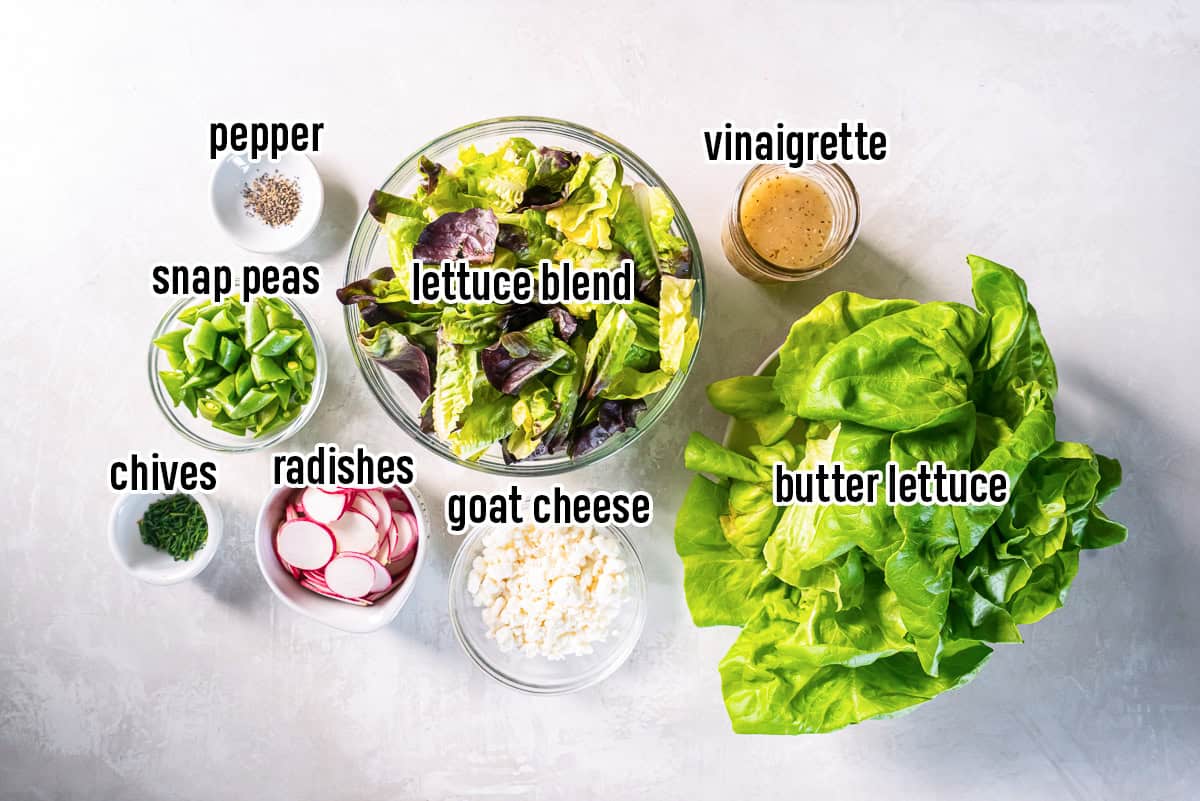 Ingredients for butter lettuce salad with snap peas and radishes arranged on a countertop, including butter lettuce, baby lettuce blend, sliced sugar snap peas, thinly sliced radishes, goat cheese, chopped chives, Champagne vinaigrette, and black pepper.