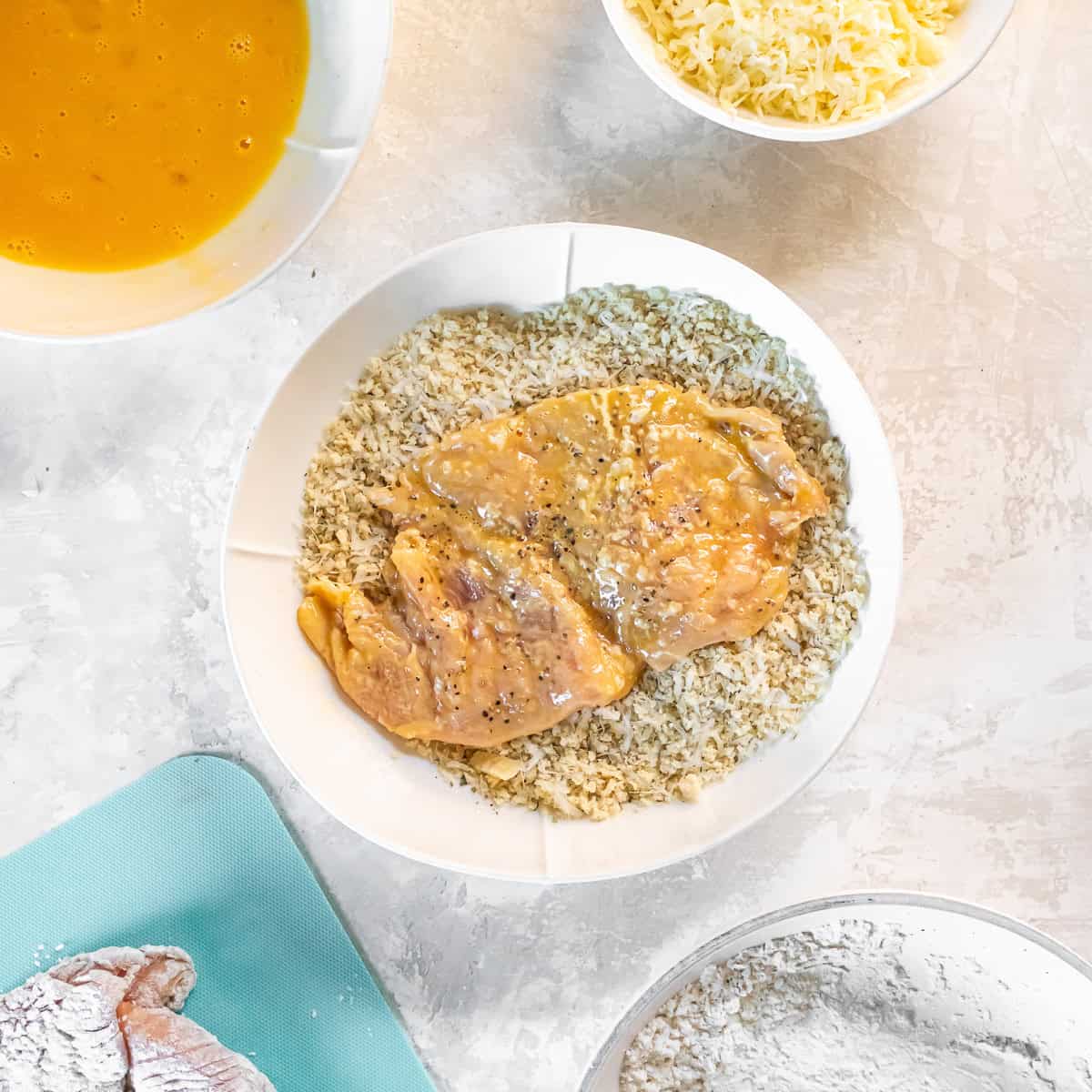 Chicken cutlet coated in seasoned panko and Parmesan breadcrumbs.