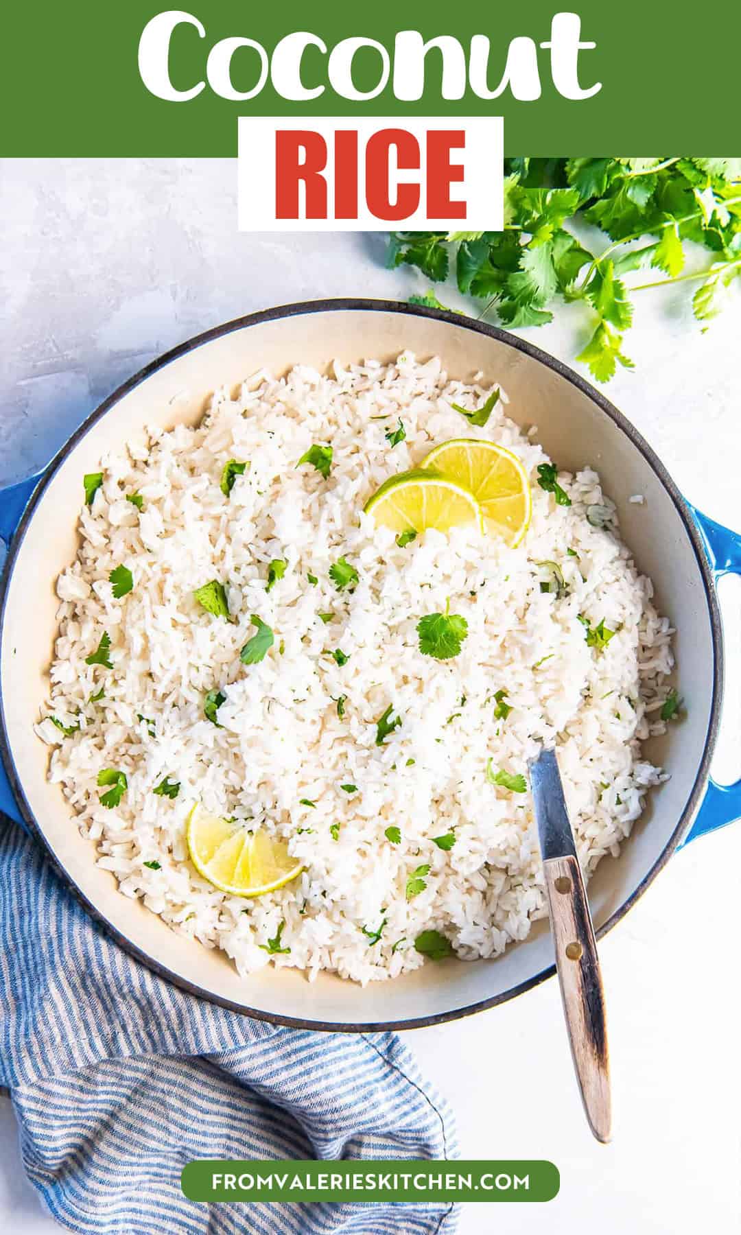 Coconut rice cooked in a Dutch oven, finished with fresh cilantro and lime slices with title text overlay.