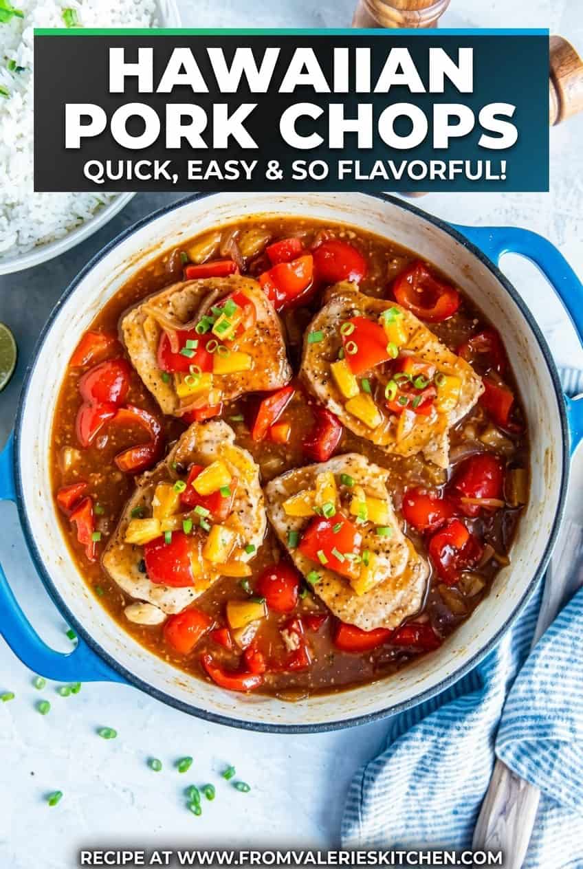 Skillet of Hawaiian pork chops in a glossy pineapple sauce with red bell pepper, onion, and pineapple tidbits, served with a bowl of white rice and lime wedges on the side with text overlay.