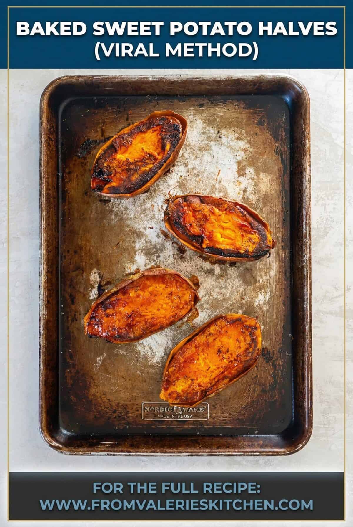 Sweet potato halves on a baking sheet, cut side up and seasoned with salt and black pepper.