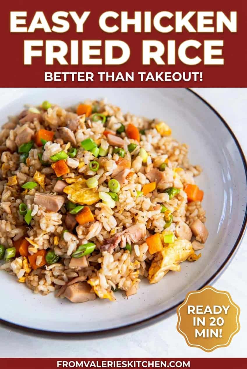 Chicken fried rice with rotisserie chicken, peas, carrots, scrambled eggs, and green onions served on a white plate with text overlay.