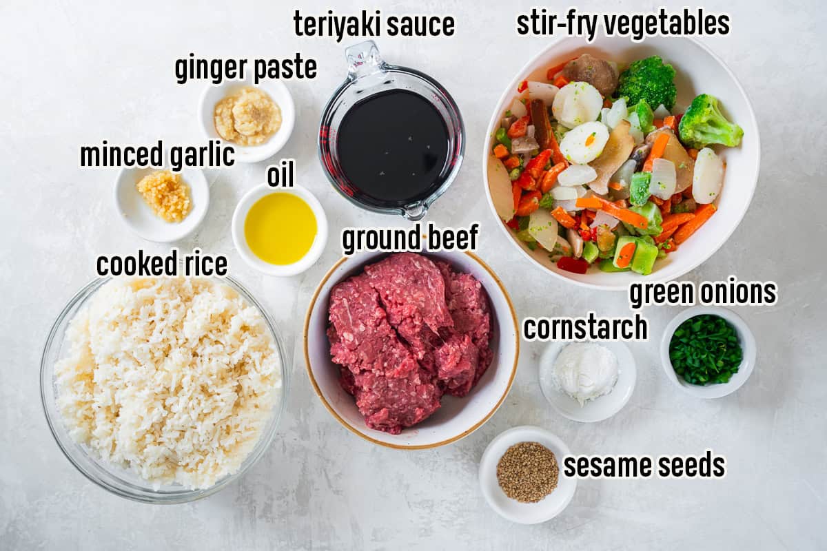 Ingredients for ground beef teriyaki bowls including ground beef, teriyaki sauce, stir-fry vegetables, rice, garlic, ginger, and green onions.