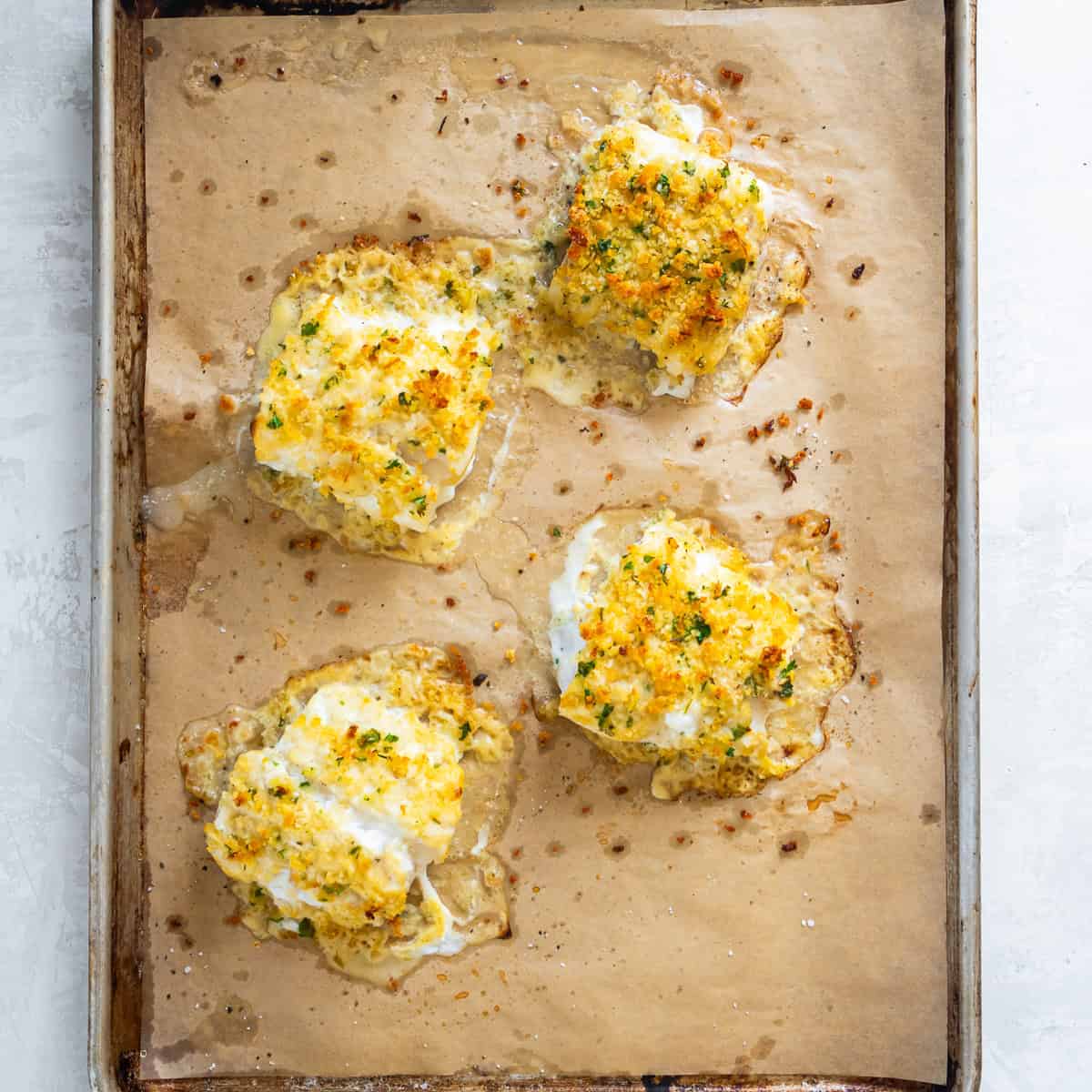 Baked Parmesan crusted fish on a sheet pan with a golden, crispy topping.