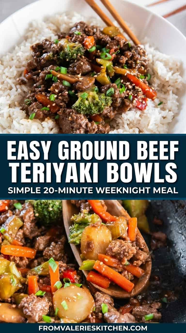 Two-panel collage showing Easy Ground Beef Teriyaki Bowls — one panel with a close-up of the finished bowl, one panel showing the full serving with rice and teriyaki sauce.