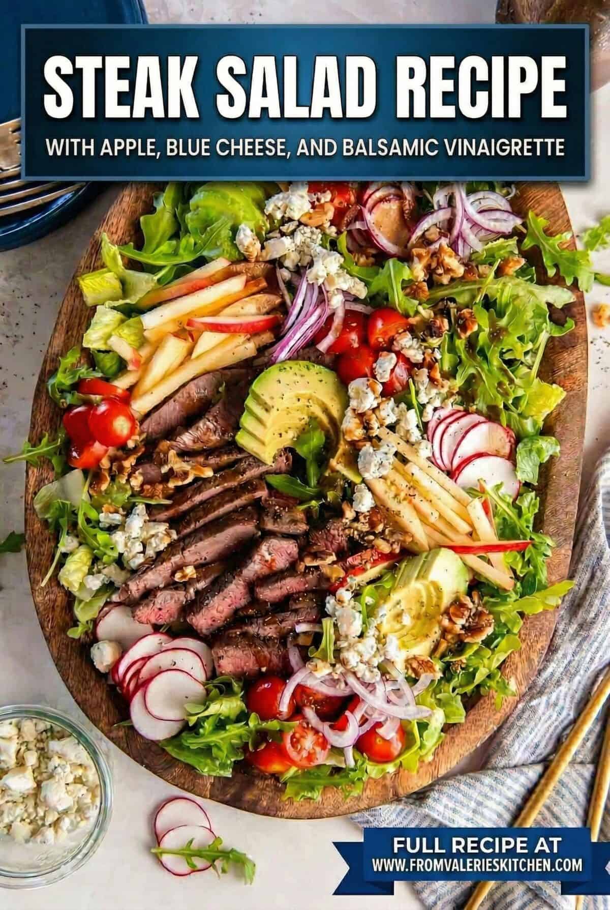 Single image poster of a steak salad with romaine, arugula, sliced apple, blue cheese, and balsamic vinaigrette in deep navy and teal tones.
