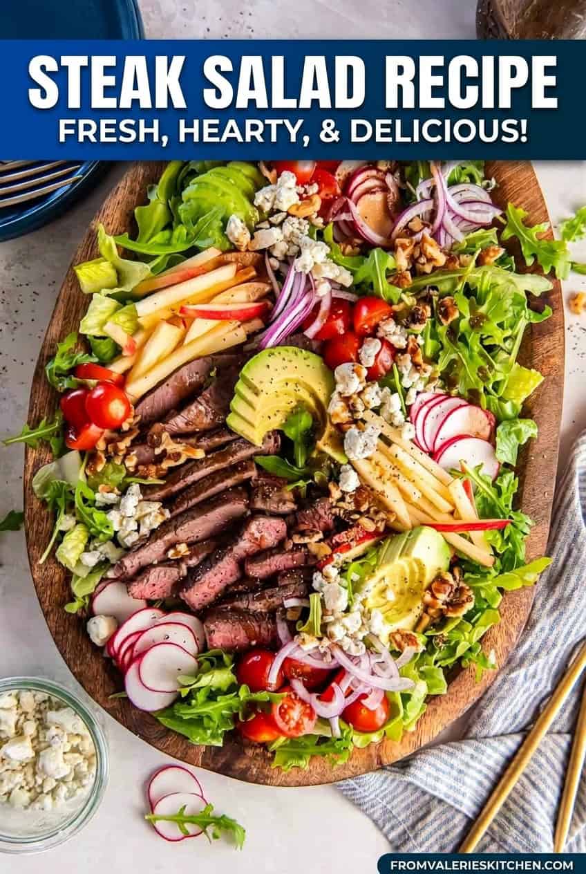 Single image poster of steak salad with romaine, arugula, sliced apple, blue cheese and balsamic vinaigrette. It has deep navy and teal tones.
