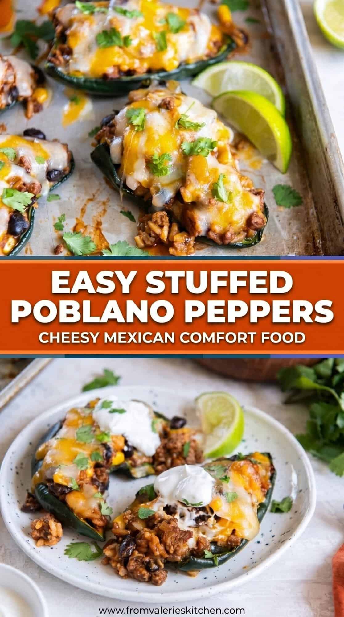 Two-panel collage showing stuffed poblano peppers topped with enchilada sauce and melted cheese, styled in deep navy, rust orange, and steel blue tones.