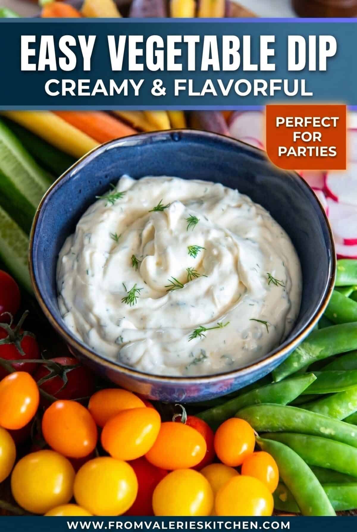 Single-image poster of a creamy homemade vegetable dip in a white bowl surrounded by a colorful platter of fresh vegetables, styled in deep navy, burnt orange, and slate blue tones.