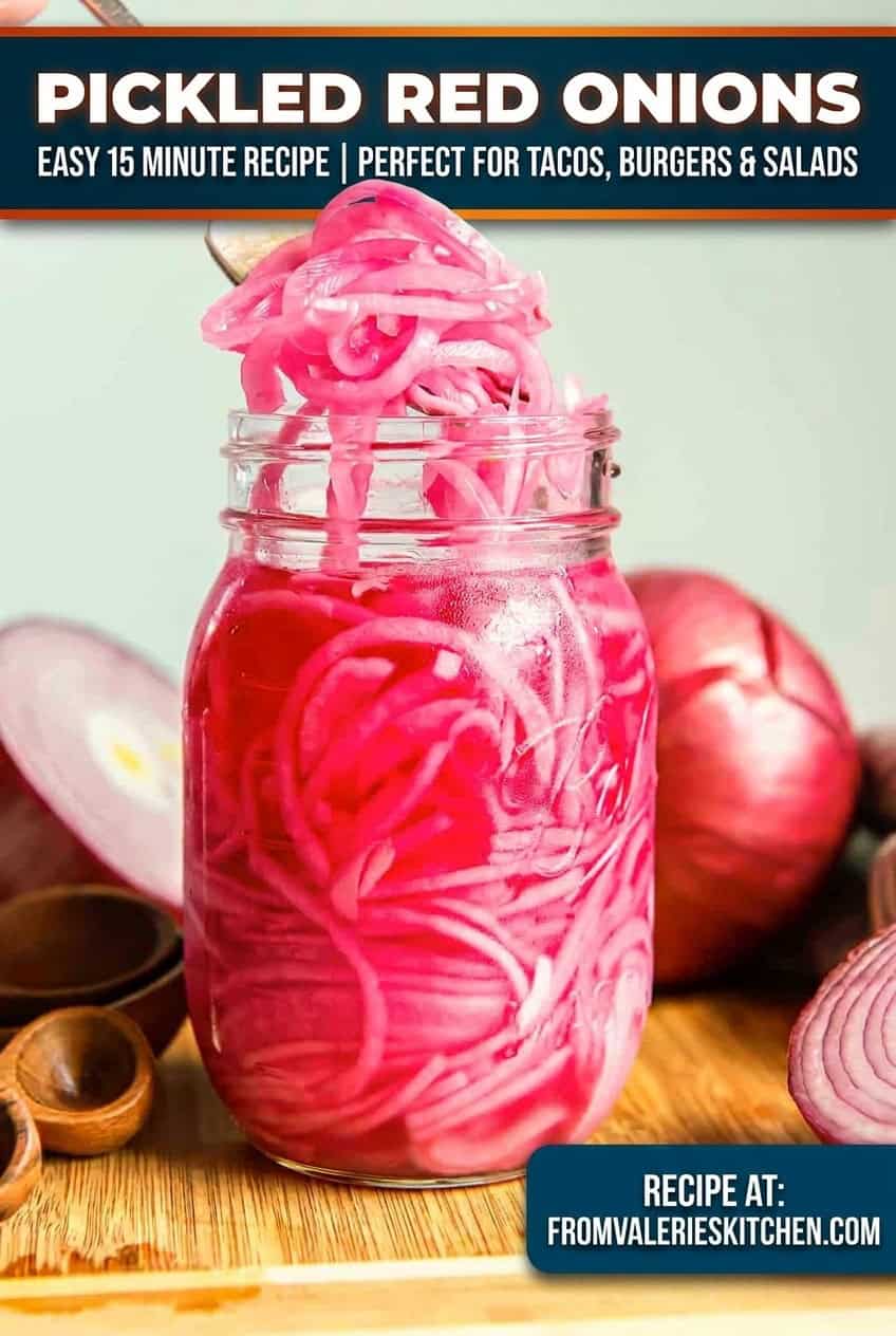 Fork lifting quick pickled red onions from a mason jar with fresh red onions in the background with text overlay.