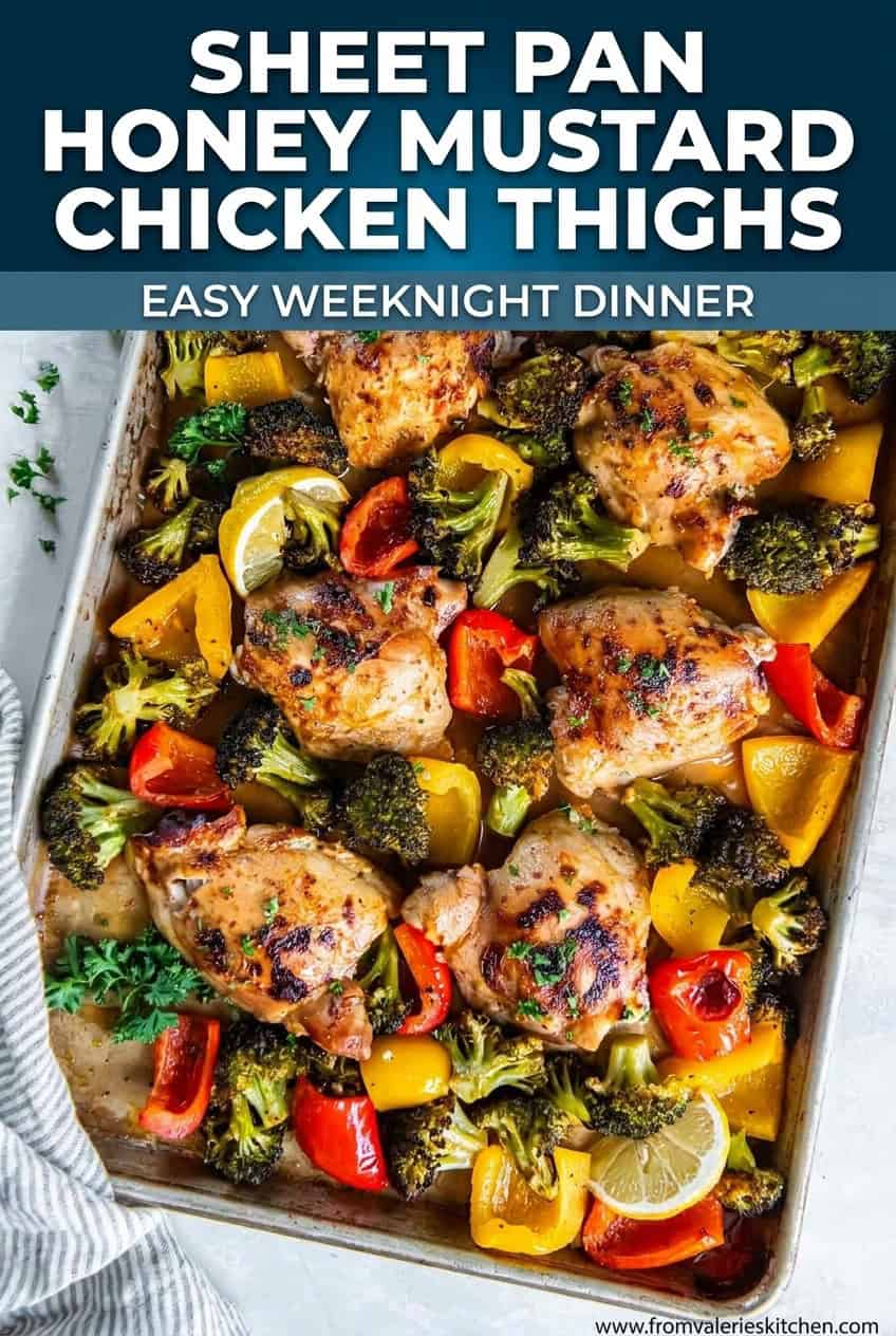 Single image poster of sheet pan honey mustard chicken thighs with roasted broccoli and bell peppers, styled in deep navy, rust orange, and steel blue tones.