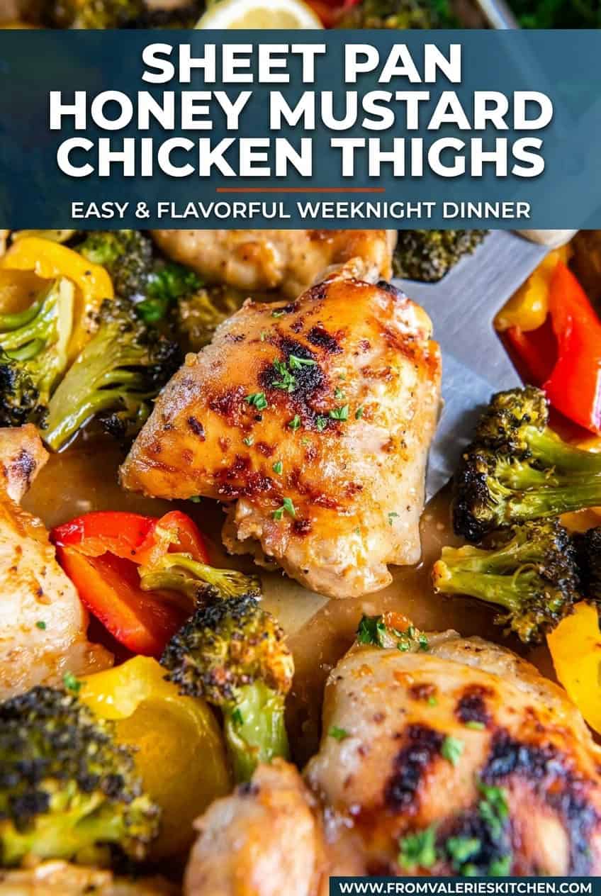 Single image poster of sheet pan honey mustard chicken thighs with roasted broccoli and bell peppers, styled in deep navy, rust orange, and steel blue tones.