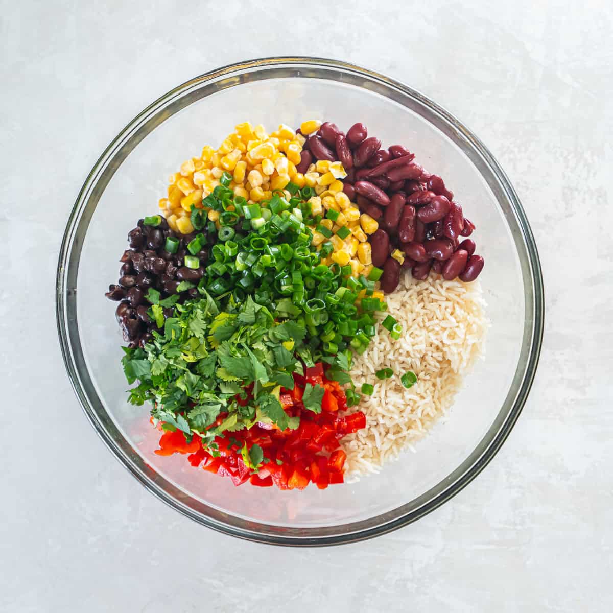 Cooked rice, beans, corn, bell pepper, green onions, and cilantro added to a large mixing bowl.