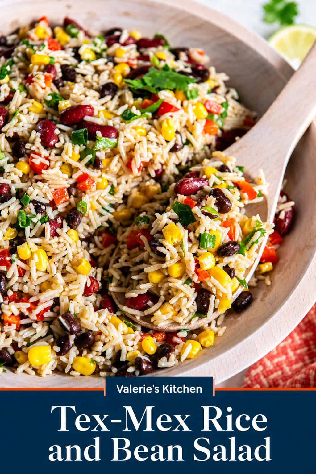 Single-image poster of Tex-Mex Rice and Bean Salad in a large bowl with bell peppers, corn, and beans in a zesty dressing, styled in deep navy and burnt orange tones.