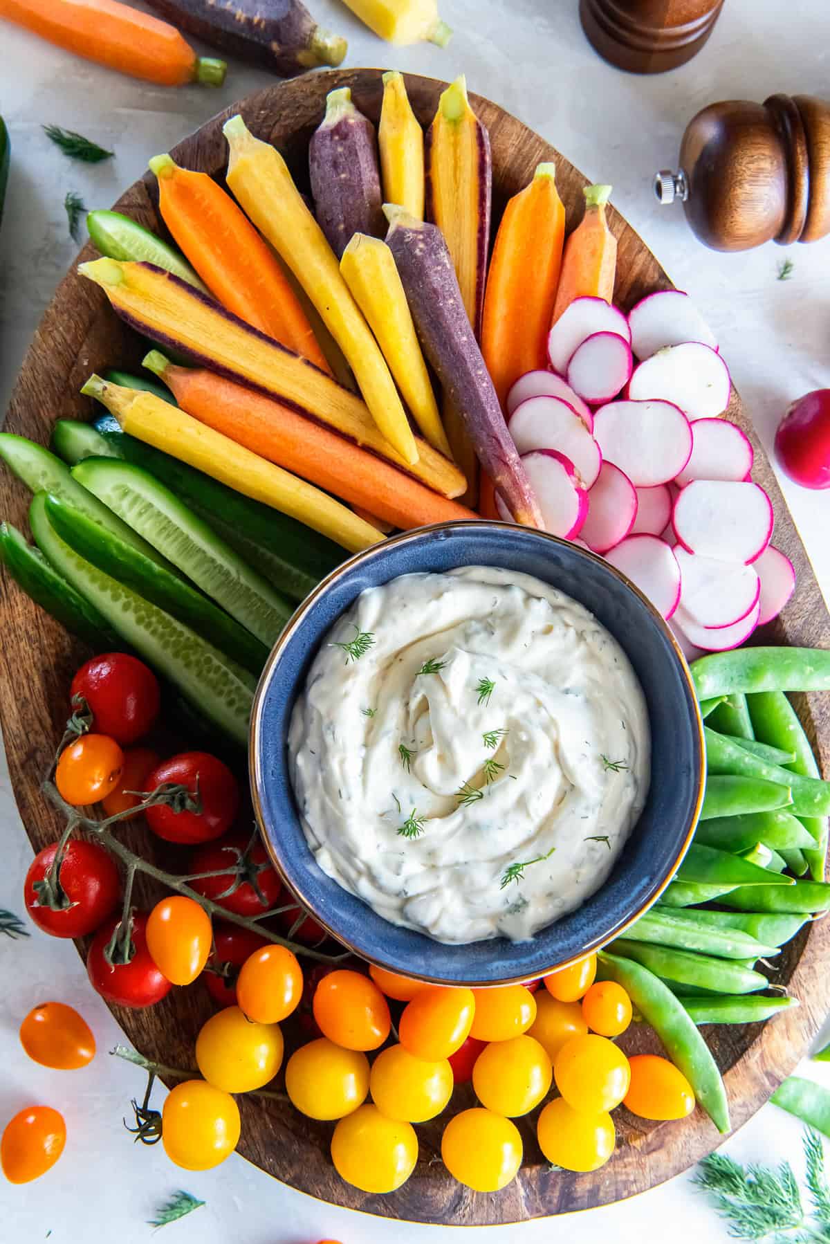 Easy vegetable dip. Serve with a colorful crudité platter including carrots, cucumbers, radishes, snap peas, and cherry tomatoes.