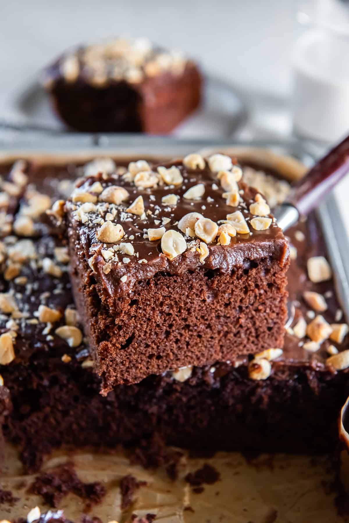 A slice of Chocolate Peanut Butter Cake with fudgy chocolate icing and chopped peanuts lifted from a 13- x 9-inch sheet cake.