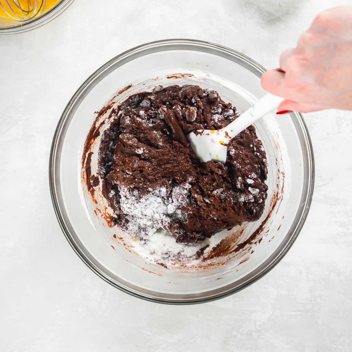 Chocolate mixture added to the dry ingredients for Chocolate Peanut Butter Sheet Cake batter.