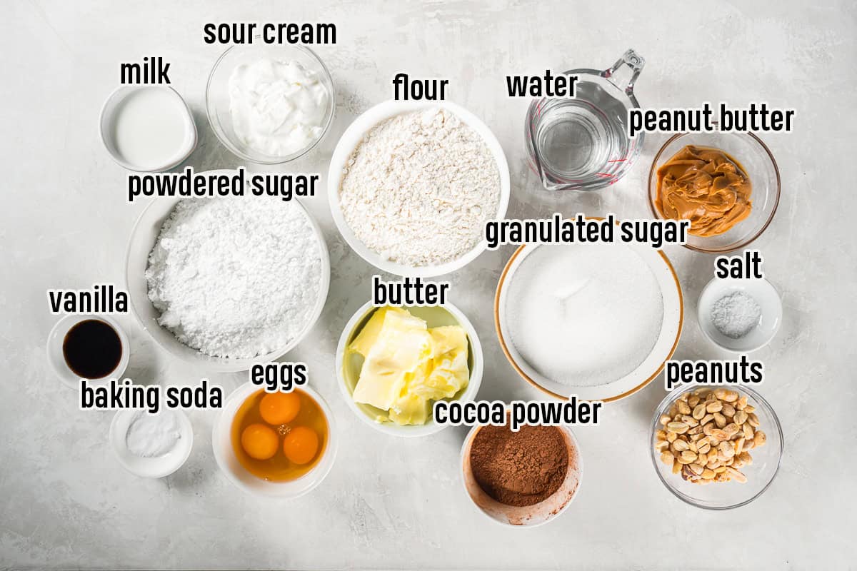 Ingredients for Chocolate Peanut Butter Sheet Cake, including flour, sugar, cocoa powder, peanut butter, butter, sour cream, eggs, milk, vanilla, baking soda, salt, water, powdered sugar, and salted peanuts.