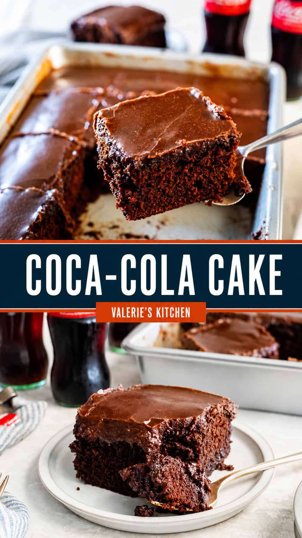 Two-panel editorial collage: bold all-caps sans-serif overlay on a close-up of Coca-Cola sheet cake with glossy chocolate icing, styled in deep navy, burnt orange, and steel blue tones.