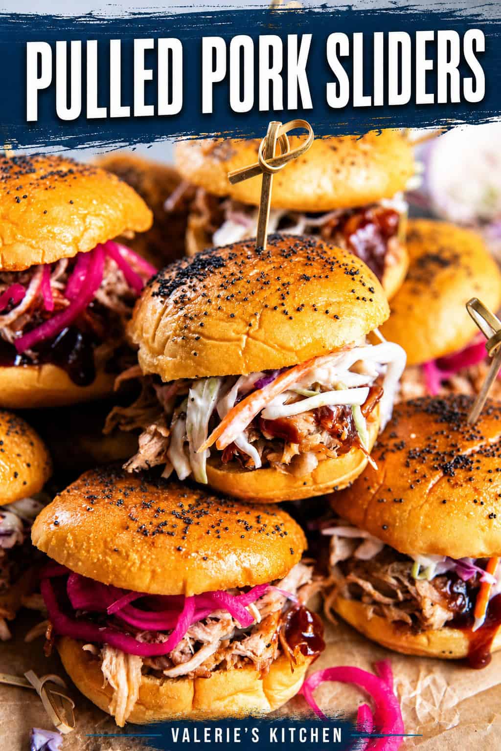 Pinterest graphic featuring Pulled Pork Sliders on toasted slider rolls topped with coleslaw, pickled onions, and BBQ sauce. The graphic includes the text “Pulled Pork Sliders.”