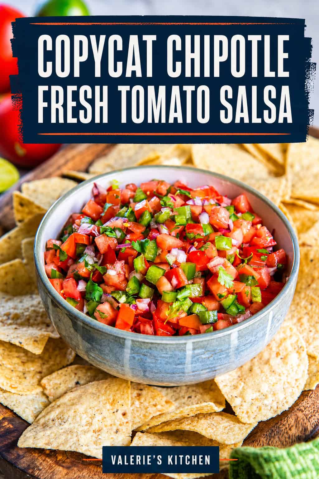 Bowl of fresh tomato salsa with diced tomatoes, jalapeños, red onion, and cilantro served with tortilla chips on a wooden platter with bold title text overlay.