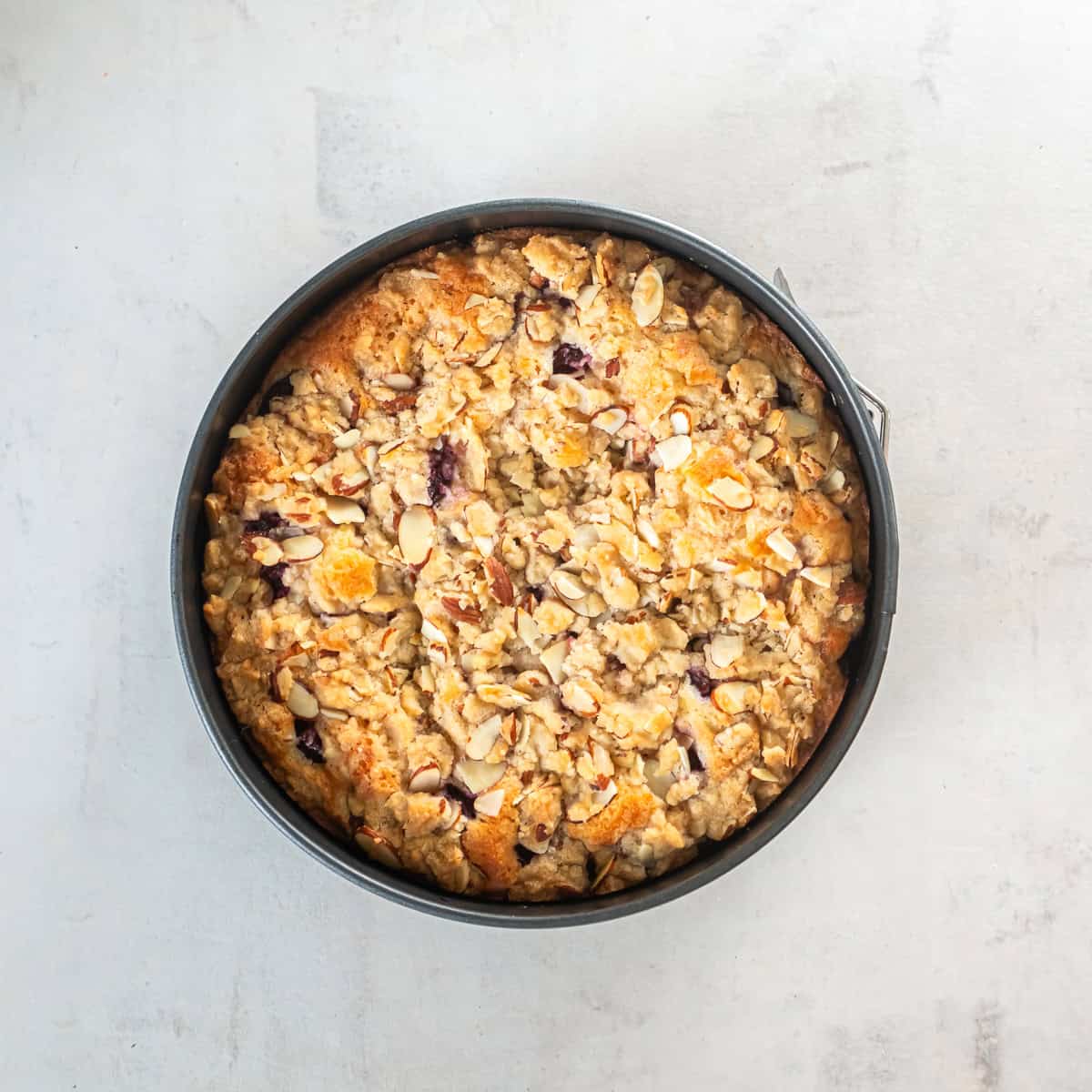 Cherry Coffee Cake baked until golden brown with a buttery almond crumb topping.