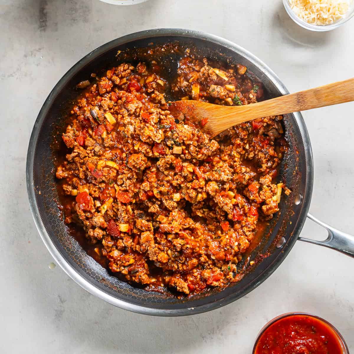 Italian ground turkey and vegetable filling simmering in marinara sauce.