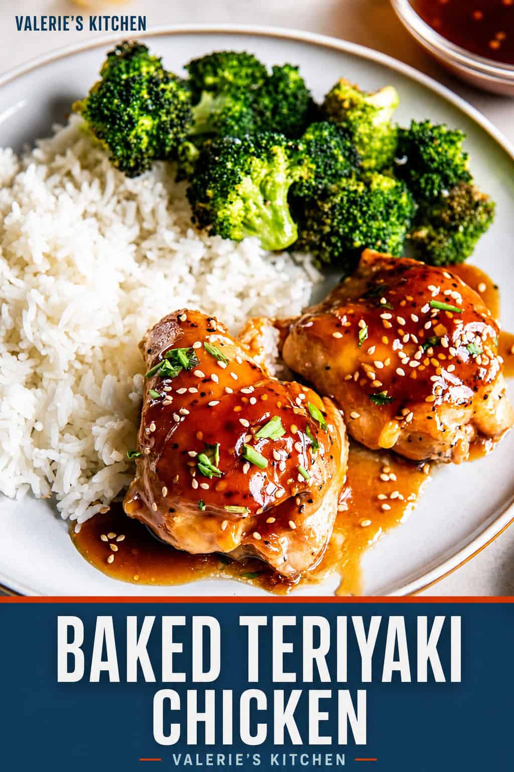 Baked Teriyaki Chicken thighs glazed with homemade teriyaki sauce and served with white rice and broccoli with bold title text overlay.