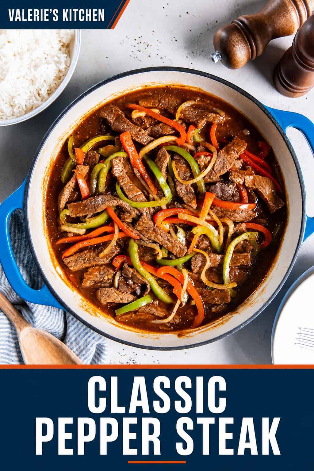 Easy Pepper Steak made with tender beef, bell peppers, and onion simmered in a flavorful brown sauce, served in a blue skillet with white rice on the side with title text overlay.