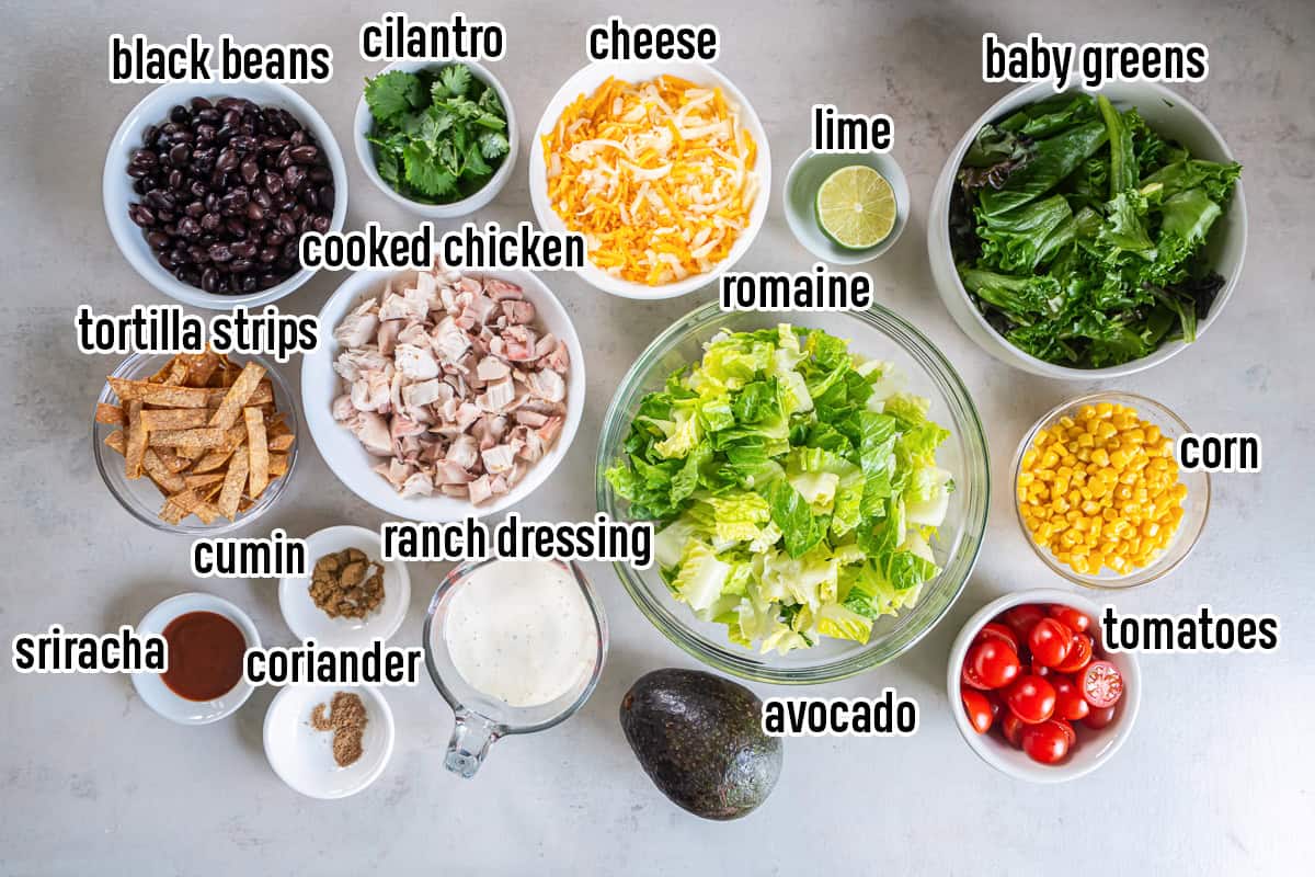 Ingredients for Southwest Chicken Caesar Salad including chopped romaine, mixed baby greens, cooked chicken, black beans, corn, cherry tomatoes, avocado, shredded cheese, cilantro, tortilla strips, Caesar dressing, Sriracha, cumin, coriander, and lime.
