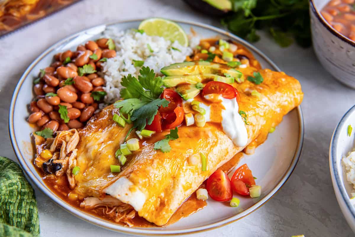 Easy Southwest Chicken Enchiladas topped with avocado, sour cream, tomatoes, green onions, and cilantro, with rice and pinto beans on the side.