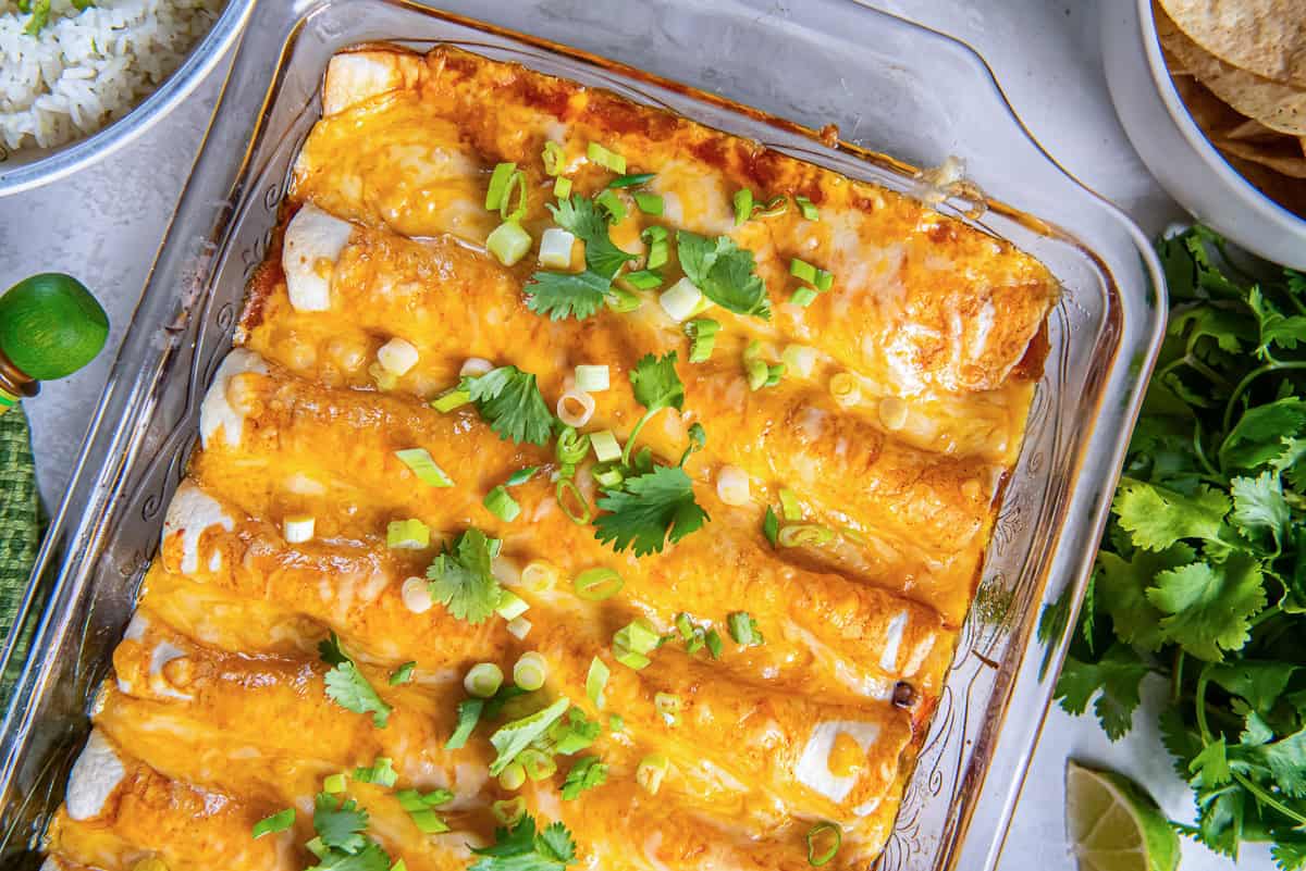 Baked Southwest Chicken Enchiladas topped with melted cheese, sliced green onions, and fresh cilantro in a baking dish.