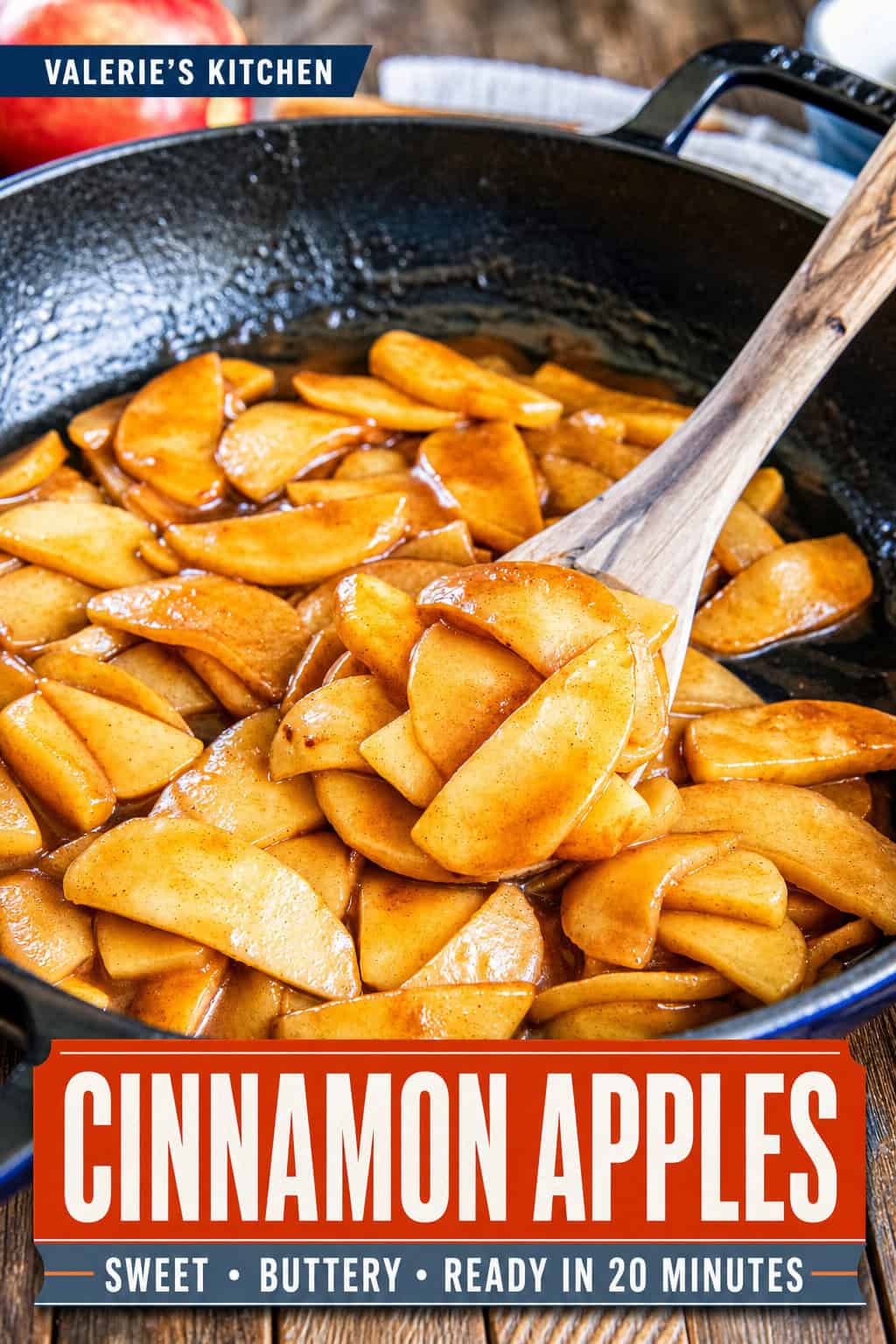 Cinnamon apples coated in a glossy brown sugar cinnamon sauce in a skillet with a wooden spoon with bold recipe title text overlay.