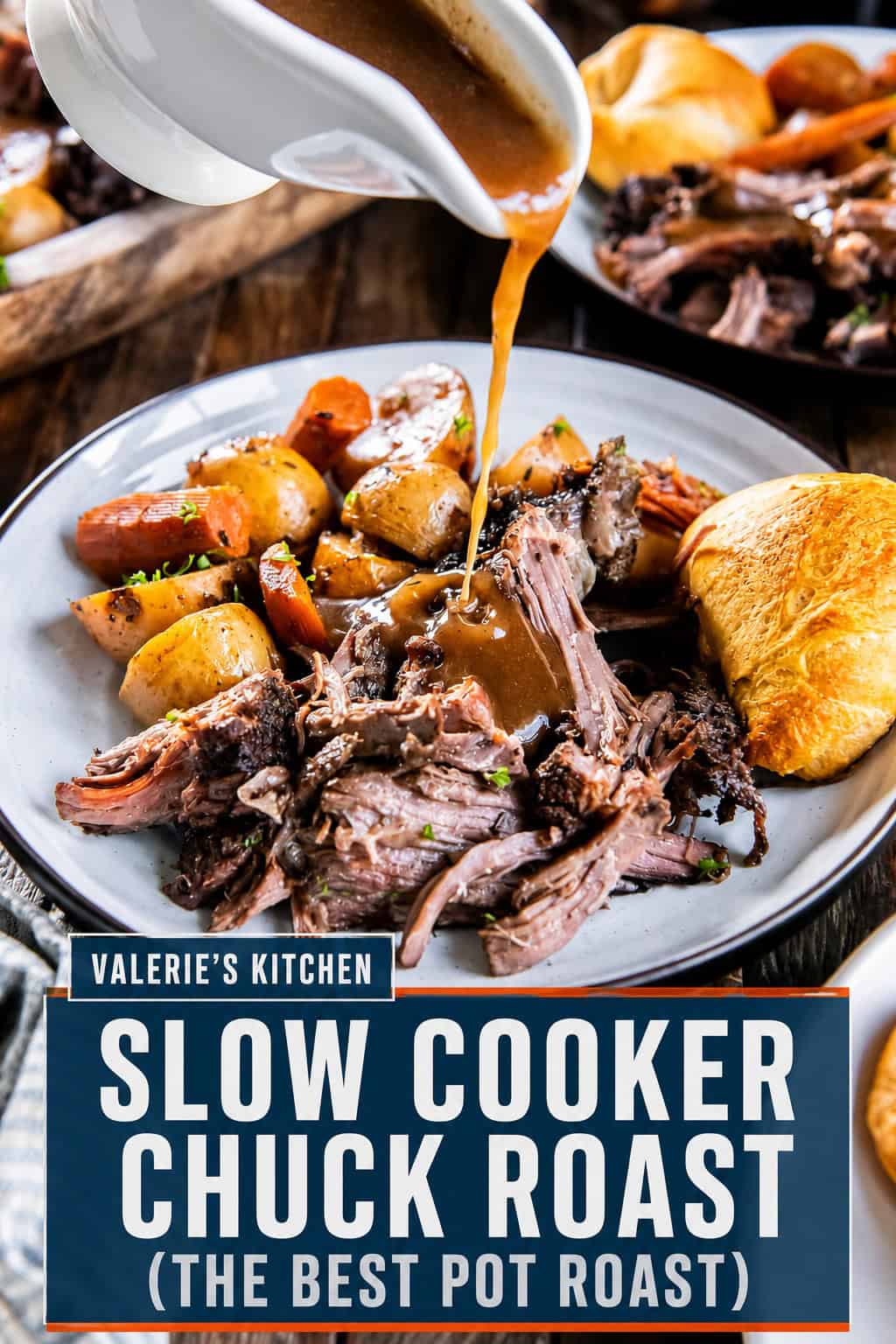 Gravy pouring from a gravy boat over slow cooker chuck roast on a plate with bold title text overlay.