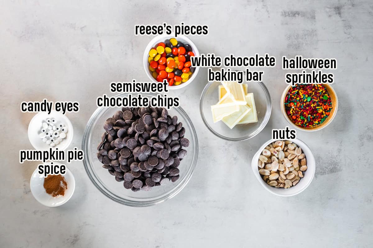 Labeled ingredients for Halloween Bark, including semisweet chocolate chips, white chocolate baking bar, peanuts, Reese’s Pieces, pumpkin pie spice, Halloween sprinkles, and candy eyes.