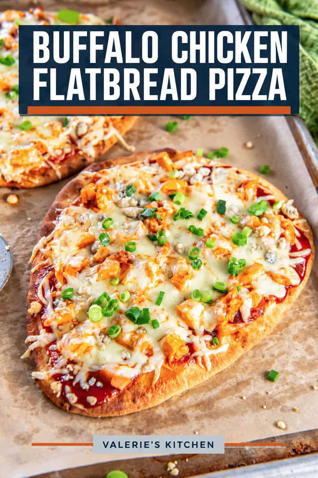 A naan flatbread topped with shredded chicken, melted cheese, and sauce, baked until the edges are toasty with bold title text overlay.