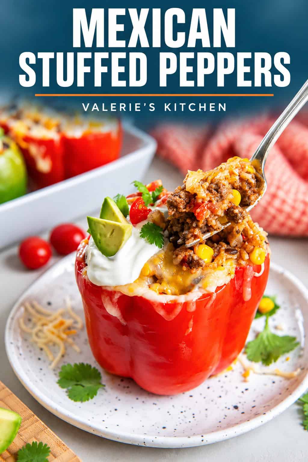 A fork breaking into a Mexican stuffed bell pepper topped with melted cheese, sour cream, avocado, diced tomatoes, and cilantro on a white plate with bold title text overlay,