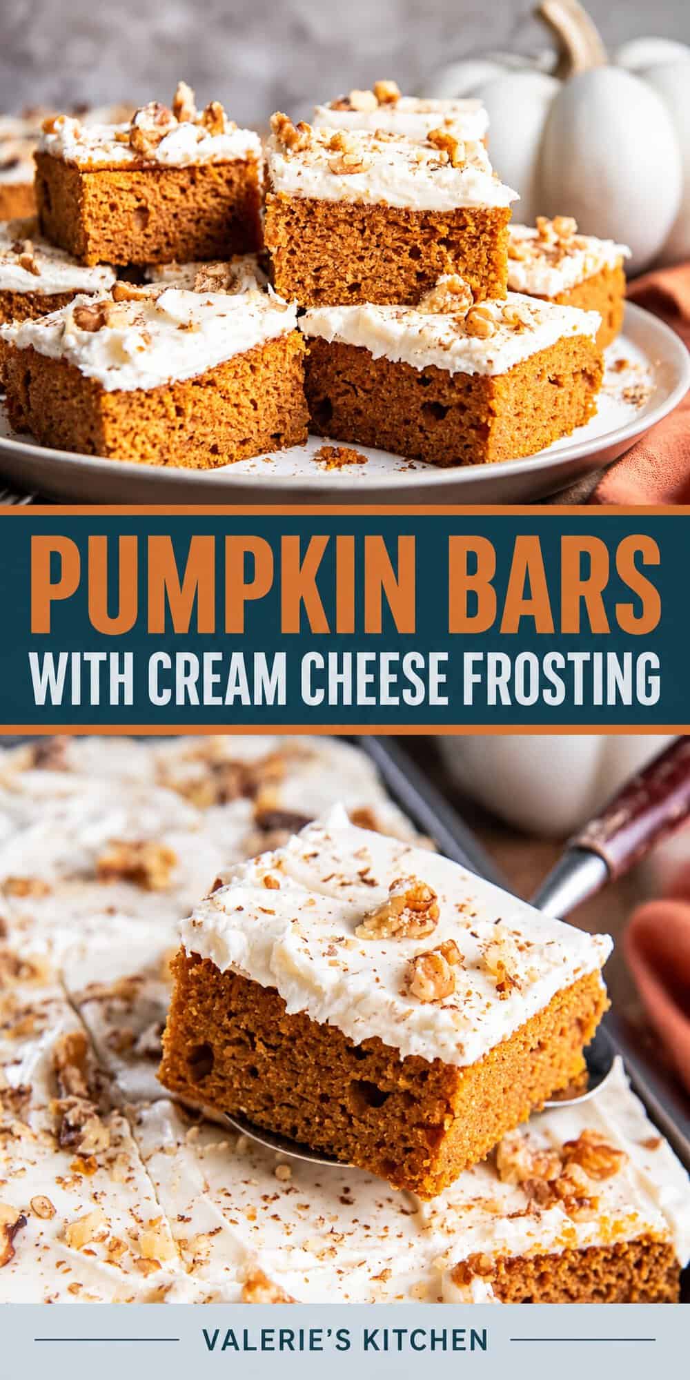 A two image graphic of pumpkin bars with cream cheese icing with bold title text overlay.